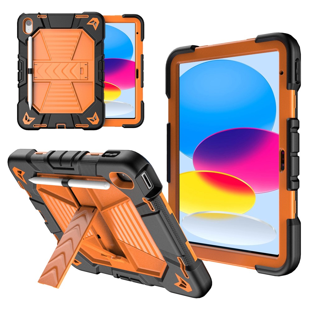 For iPad (2025) / 10.9 (2022) Tablet Case with Kickstand PC + Silicone Shockproof Protective Cover - Black + Orange