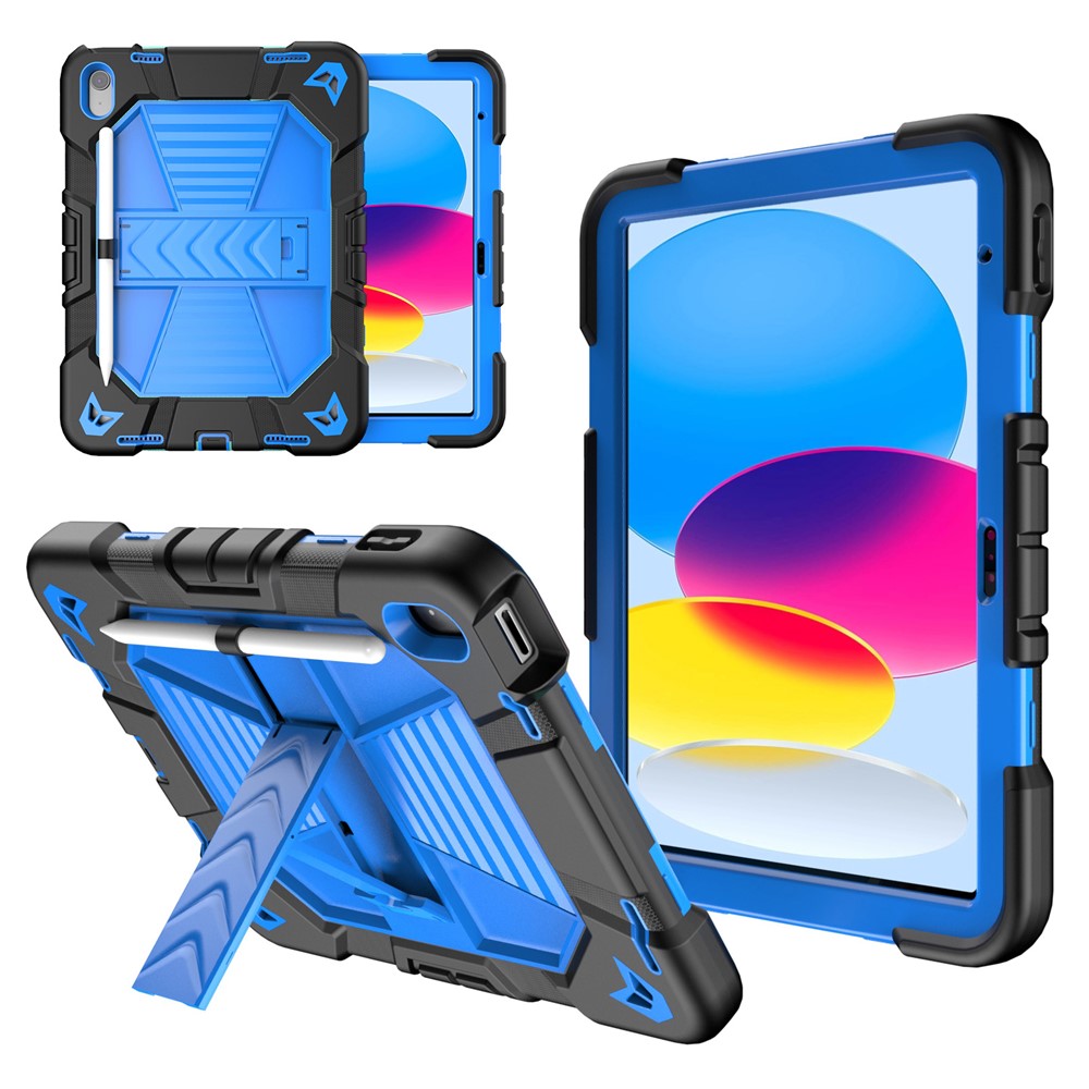 For iPad (2025) / 10.9 (2022) Tablet Case with Kickstand PC + Silicone Shockproof Protective Cover - Black + Blue