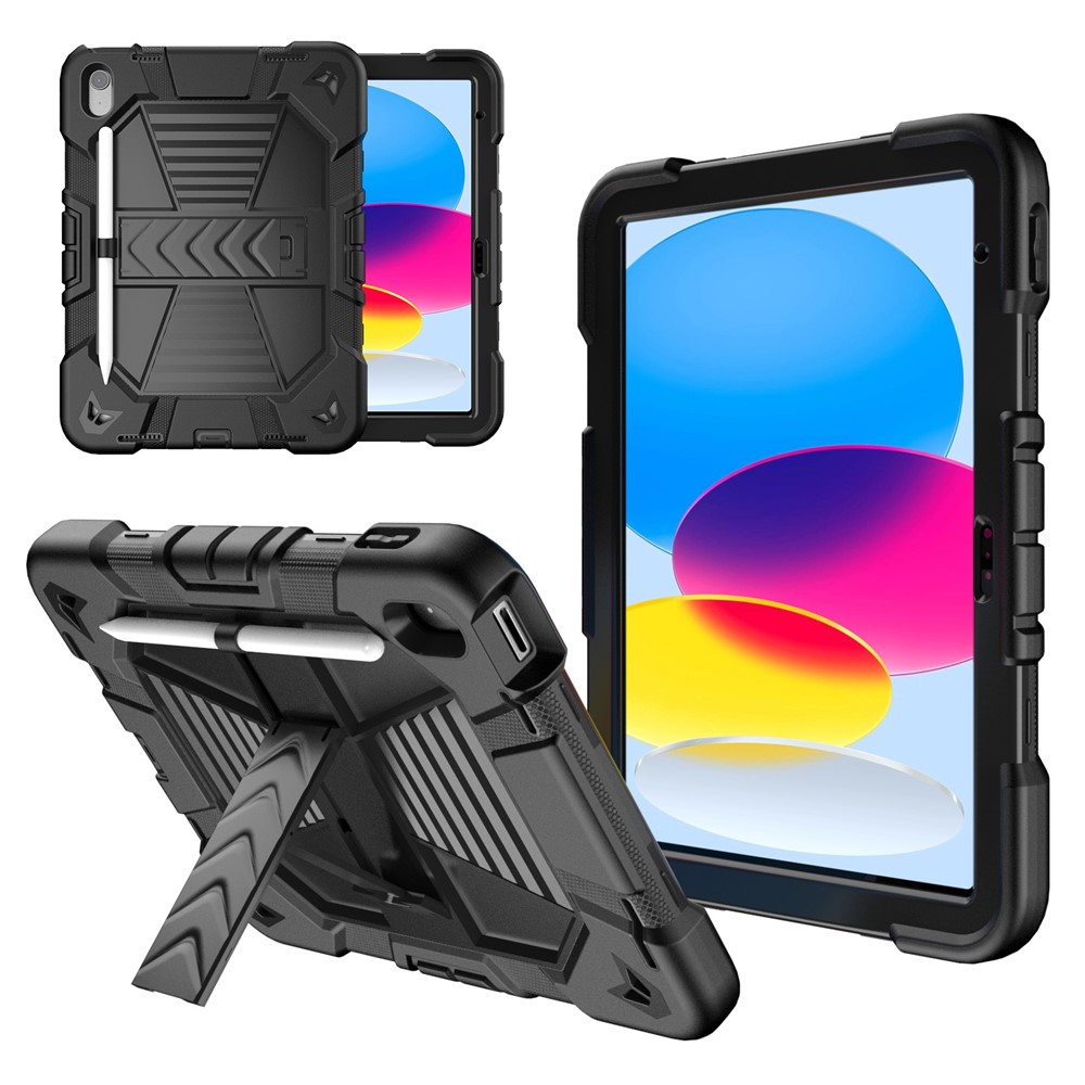 For iPad (2025) / 10.9 (2022) Tablet Case with Kickstand PC + Silicone Shockproof Protective Cover - Black