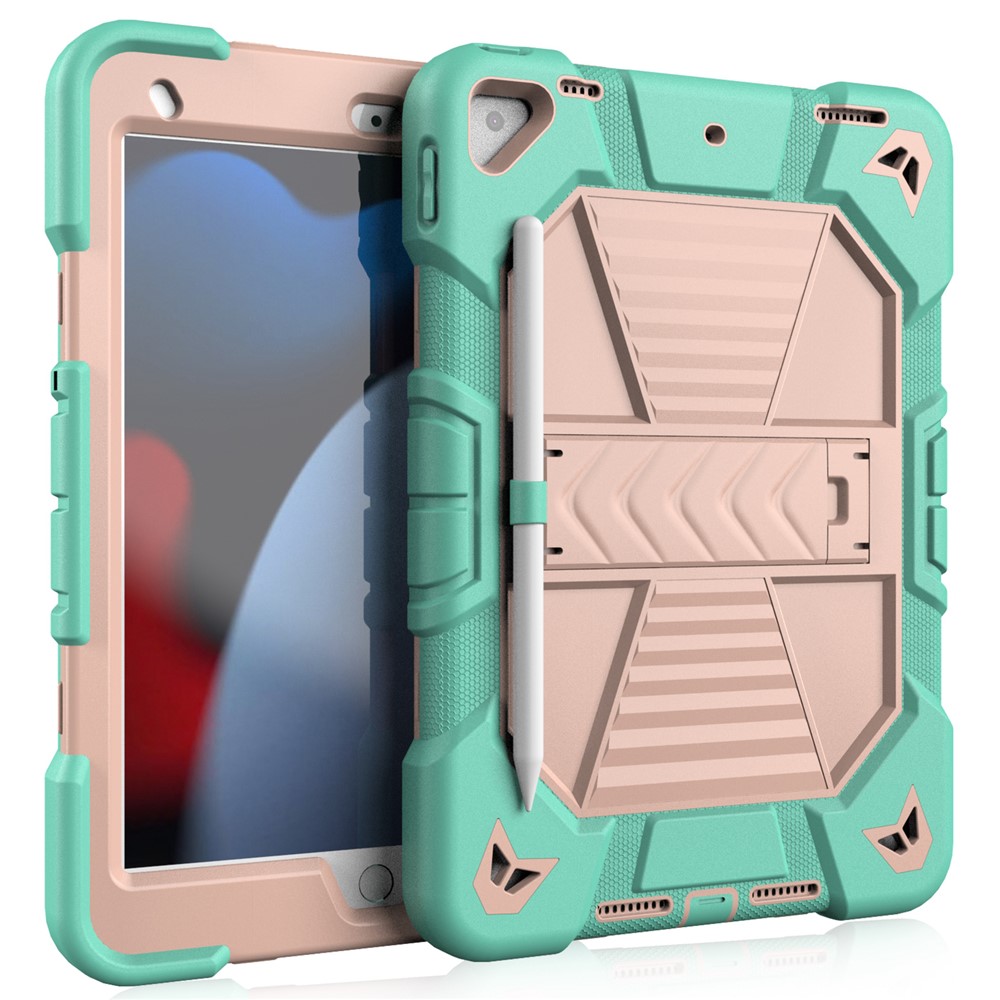 Tablet Case with Kickstand For iPad 10.2 (2021) / (2020) / (2019) PC + Silicone Shockproof Protective Cover - Green + Pink
