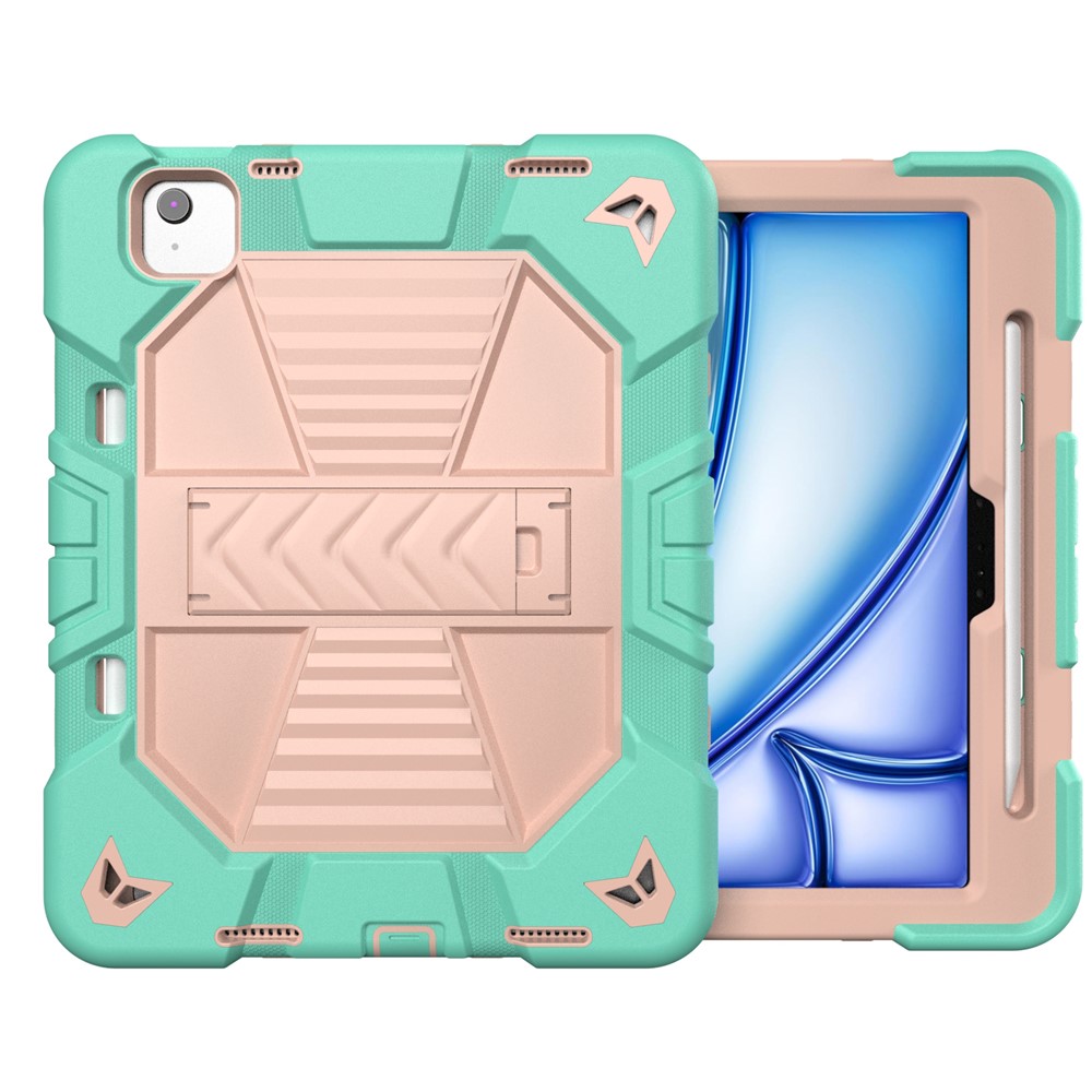For iPad Air 11 (2025) / (2024) Tablet Case with Kickstand PC + Silicone Shockproof Protective Cover - Green + Pink