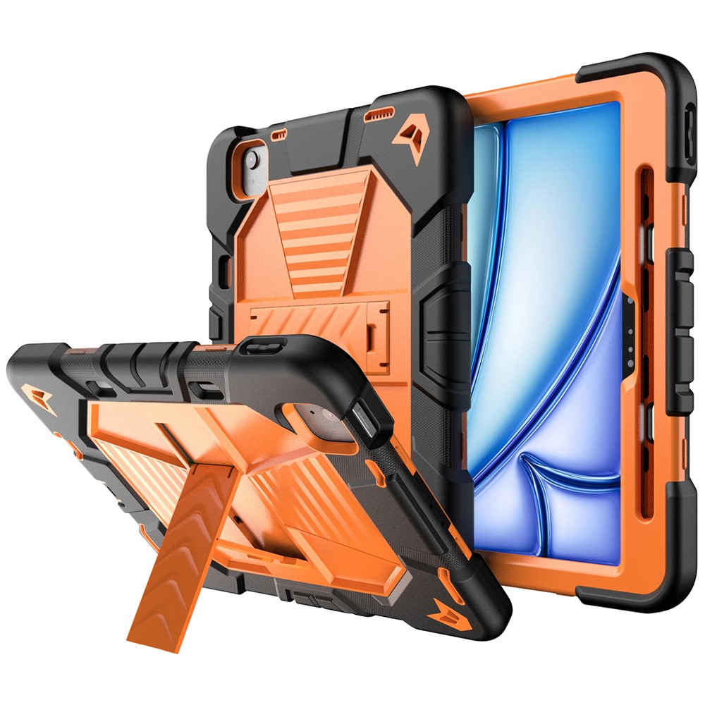 For iPad Air 11 (2025) / (2024) Tablet Case with Kickstand PC + Silicone Shockproof Protective Cover - Black + Orange