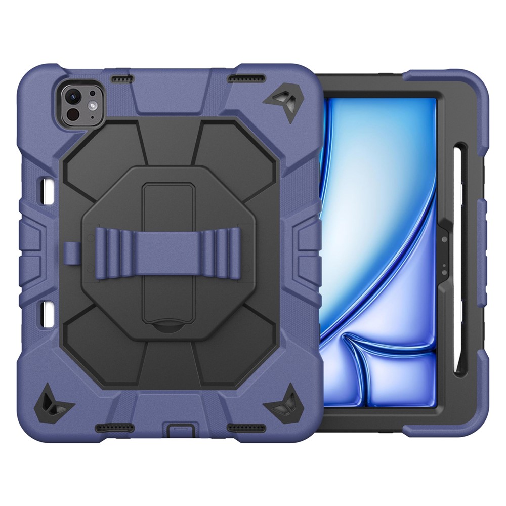 For iPad Pro 11 (2025) / 11 (2024) Case with Kickstand Wrist Strap PC + Silicone Tablet Cover - Navy Blue + Black