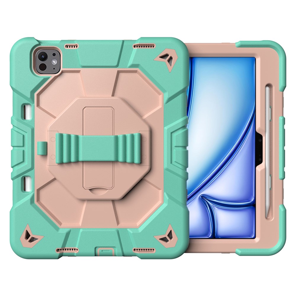 For iPad Pro 11 (2025) / 11 (2024) Case with Kickstand Wrist Strap PC + Silicone Tablet Cover - Green + Pink