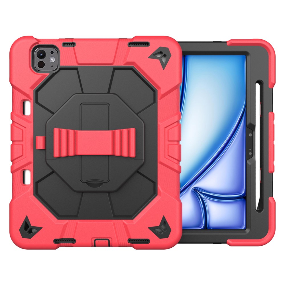 For iPad Pro 11 (2025) / 11 (2024) Case with Kickstand Wrist Strap PC + Silicone Tablet Cover - Red + Black