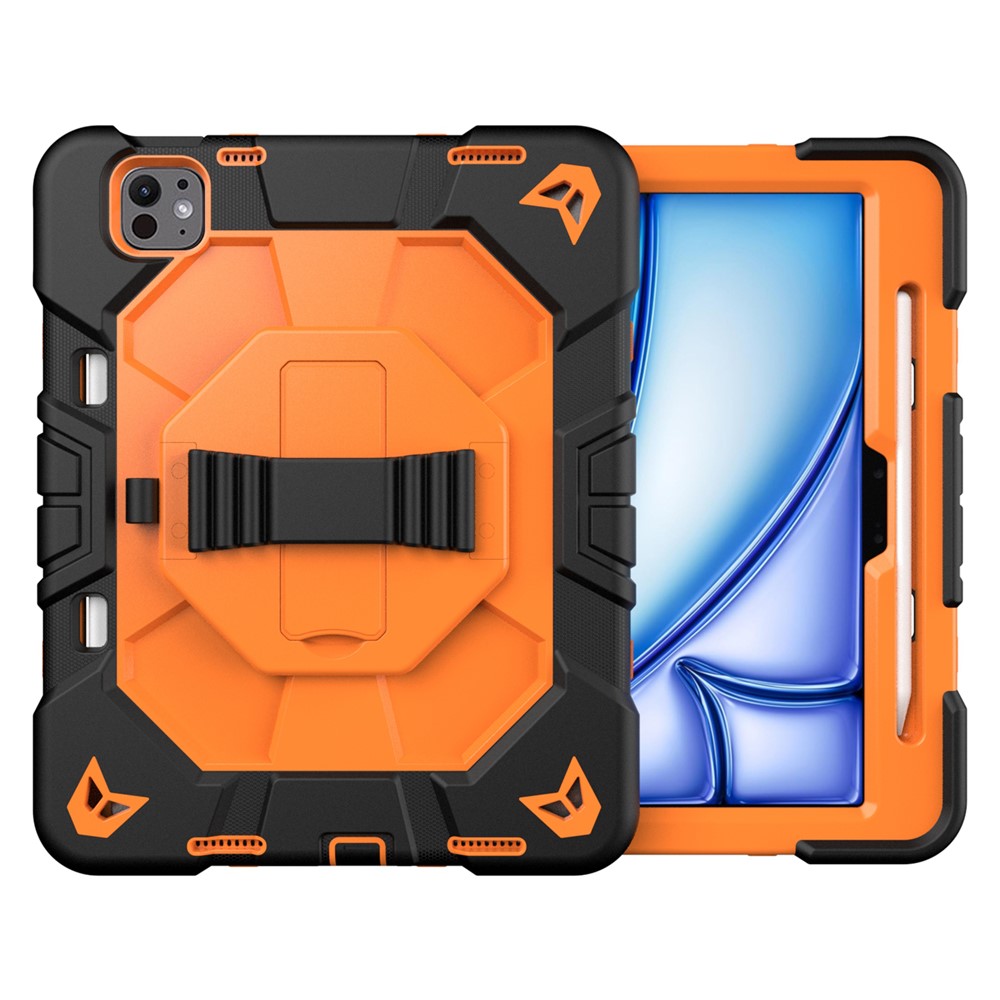 For iPad Pro 11 (2025) / 11 (2024) Case with Kickstand Wrist Strap PC + Silicone Tablet Cover - Black + Orange