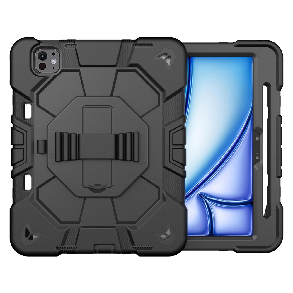 For iPad Pro 11 (2025) / 11 (2024) Case with Kickstand Wrist Strap PC + Silicone Tablet Cover - Black