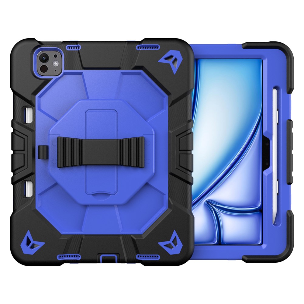 For iPad Pro 11 (2025) / 11 (2024) Case with Kickstand Wrist Strap PC + Silicone Tablet Cover - Black + Blue