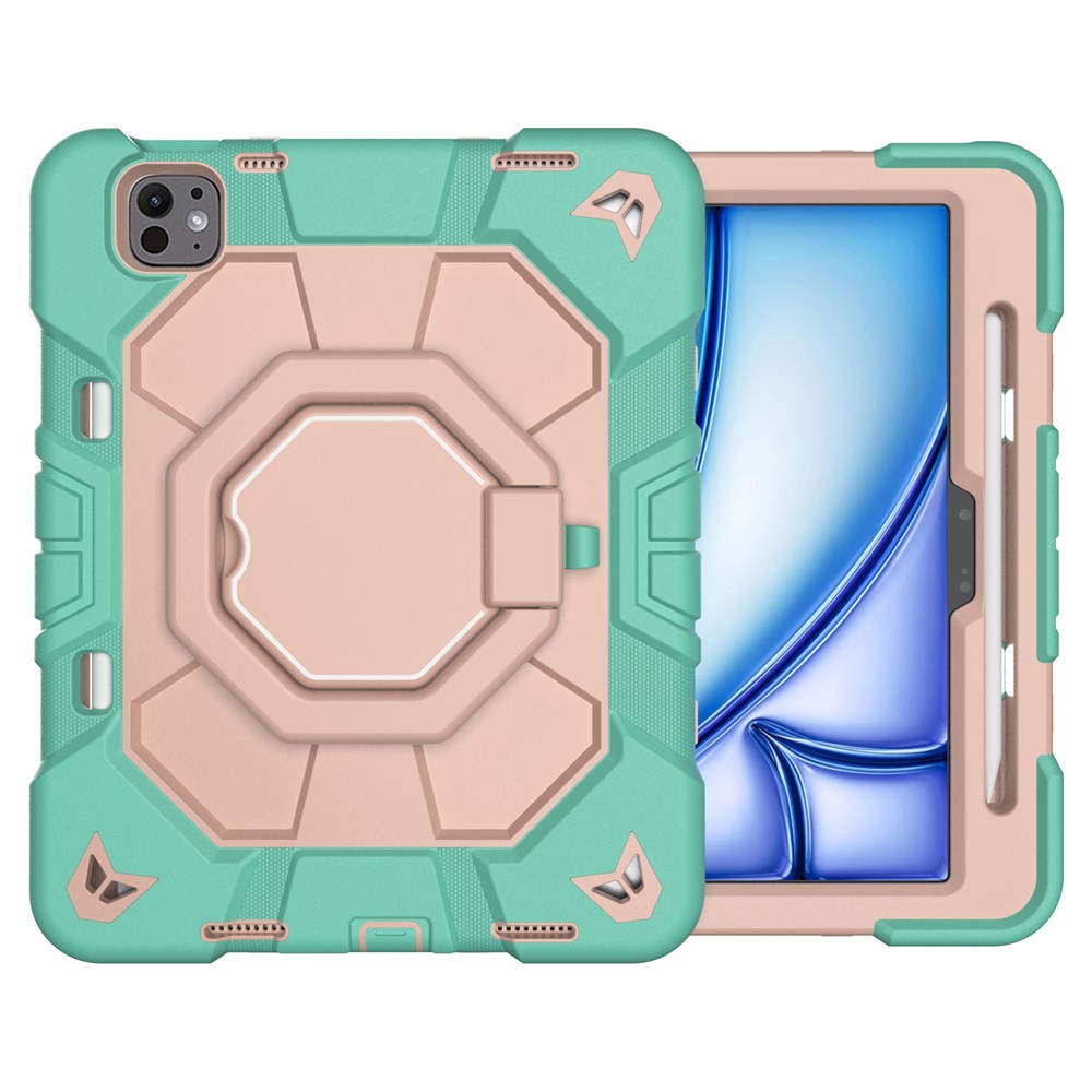 For iPad Pro 11 (2025) / 11 (2024) Case with Hand Grip Kickstand PC + Silicone Tablet Cover - Green + Pink