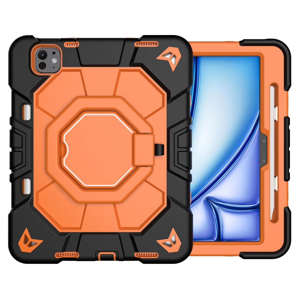 For iPad Pro 11 (2025) / 11 (2024) Case with Hand Grip Kickstand PC + Silicone Tablet Cover - Black + Orange