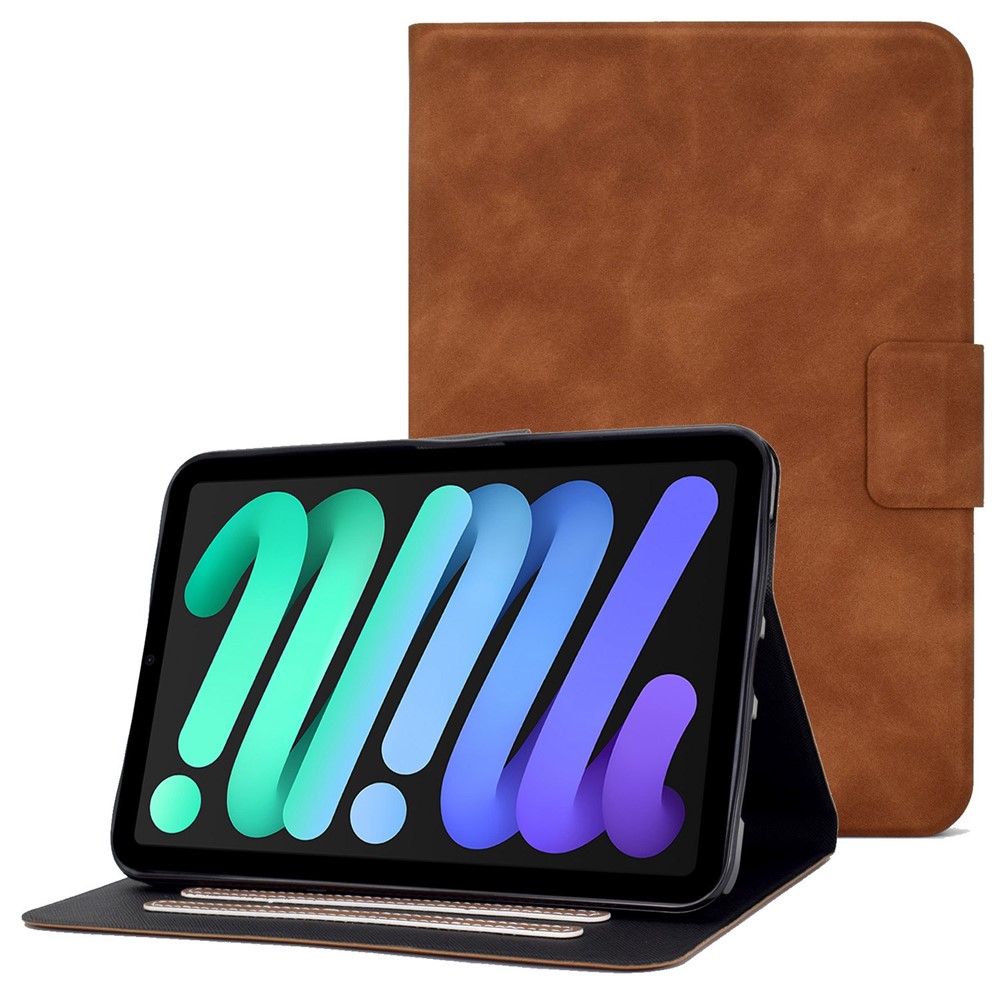For iPad mini (2021) Drop-proof Tablet Case Cowhide Texture Solid Color Scratch-resistant Cover with Stand - Brown-1