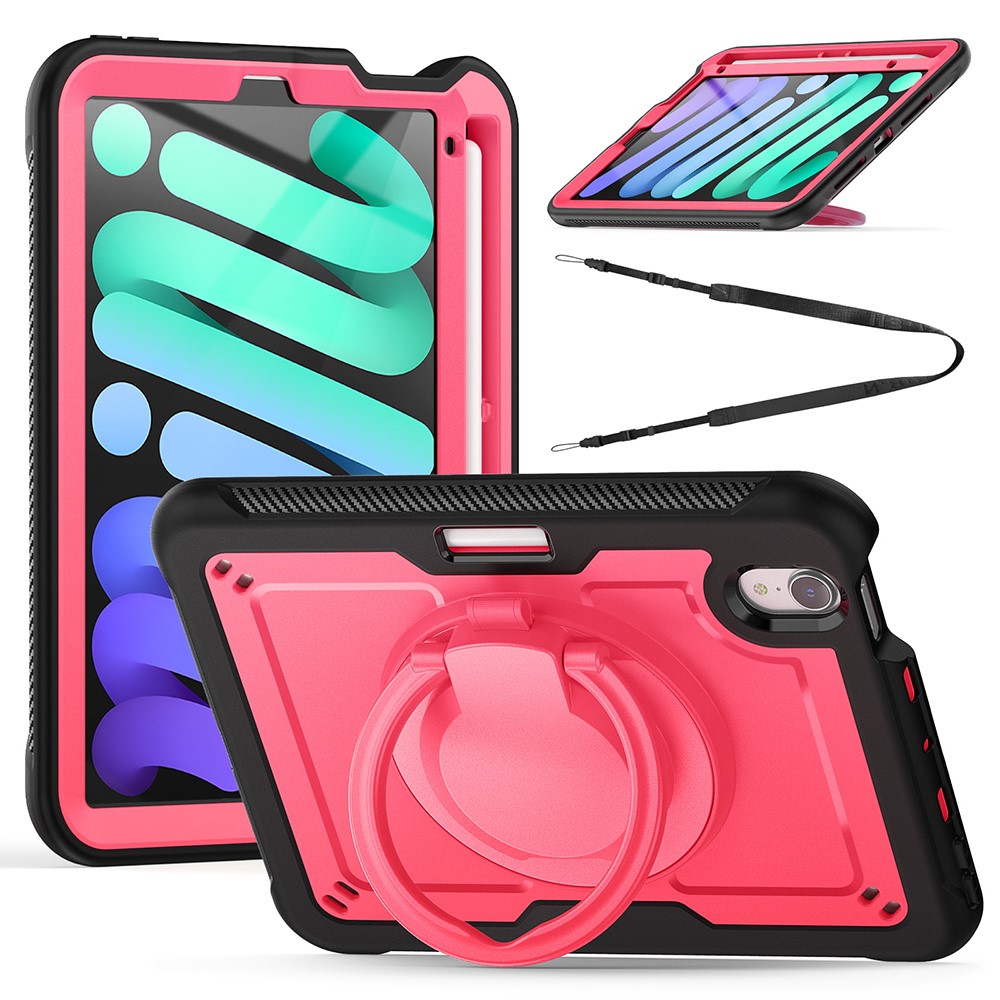 For iPad mini (2024)  /  (2021) Case Rotating Kickstand PC + TPU Shockproof Tablet Cover with Shoulder Strap - Rose