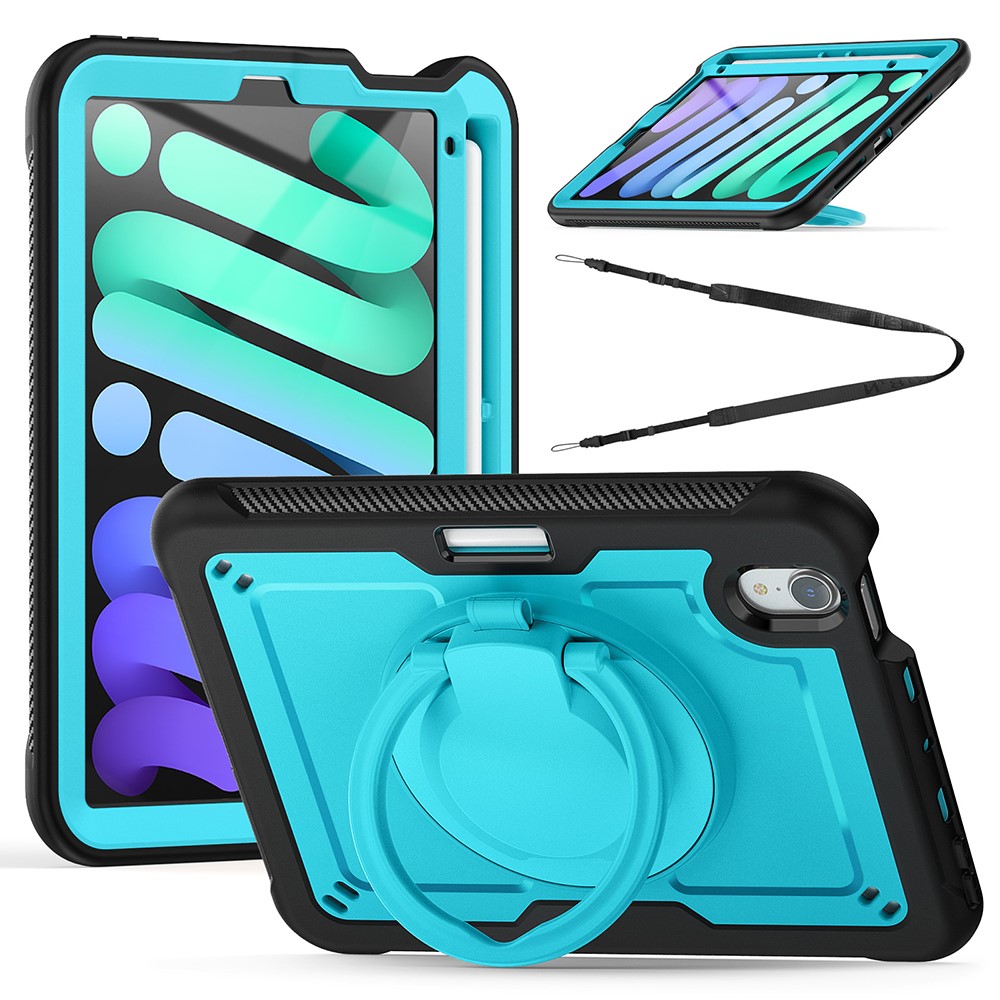 For iPad mini (2024)  /  (2021) Case Rotating Kickstand PC + TPU Shockproof Tablet Cover with Shoulder Strap - Baby Blue