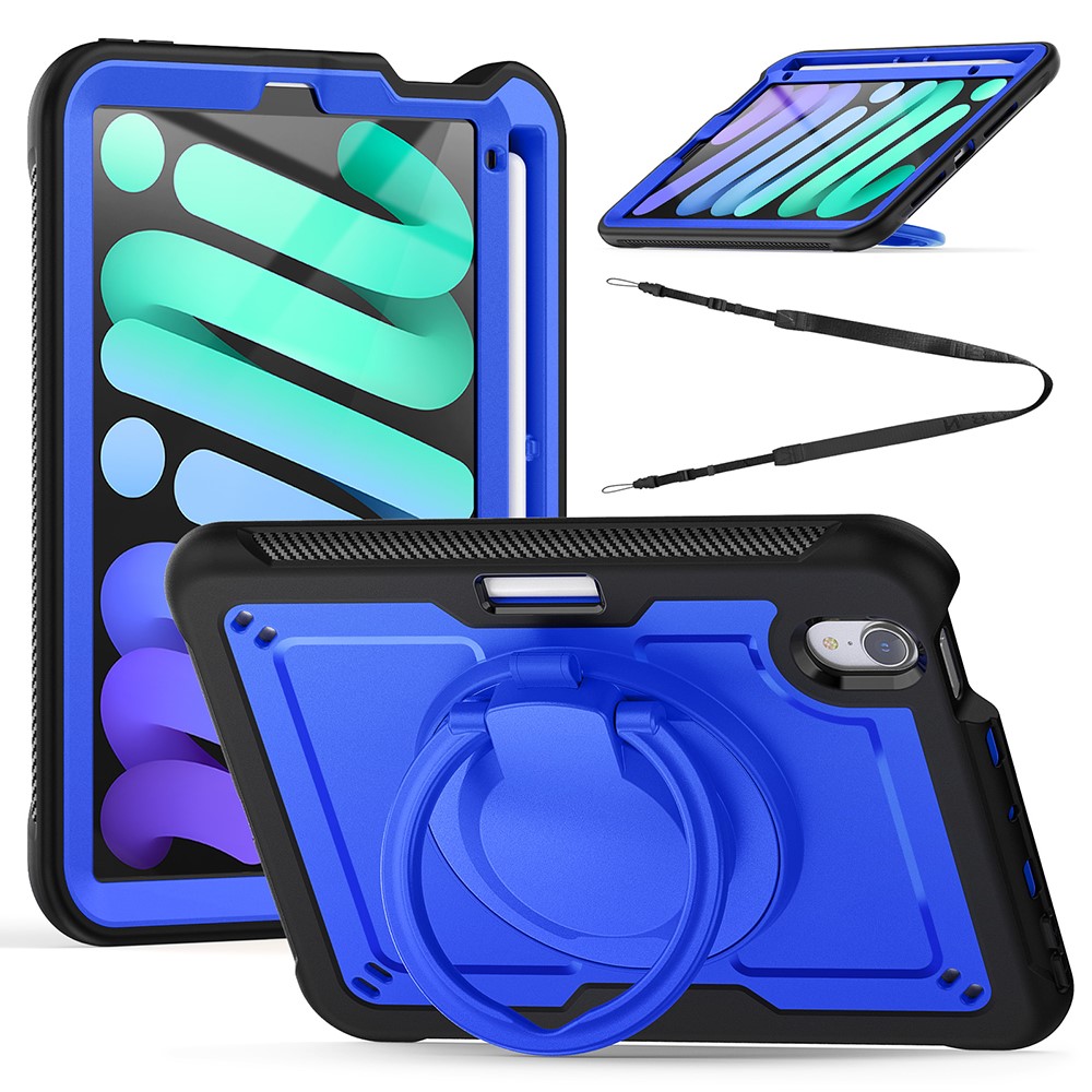 For iPad mini (2024)  /  (2021) Case Rotating Kickstand PC + TPU Shockproof Tablet Cover with Shoulder Strap - Dark Blue
