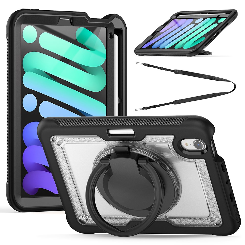 For iPad mini (2024)  /  (2021) Case Rotating Kickstand PC + TPU Shockproof Tablet Cover with Shoulder Strap - Transparent