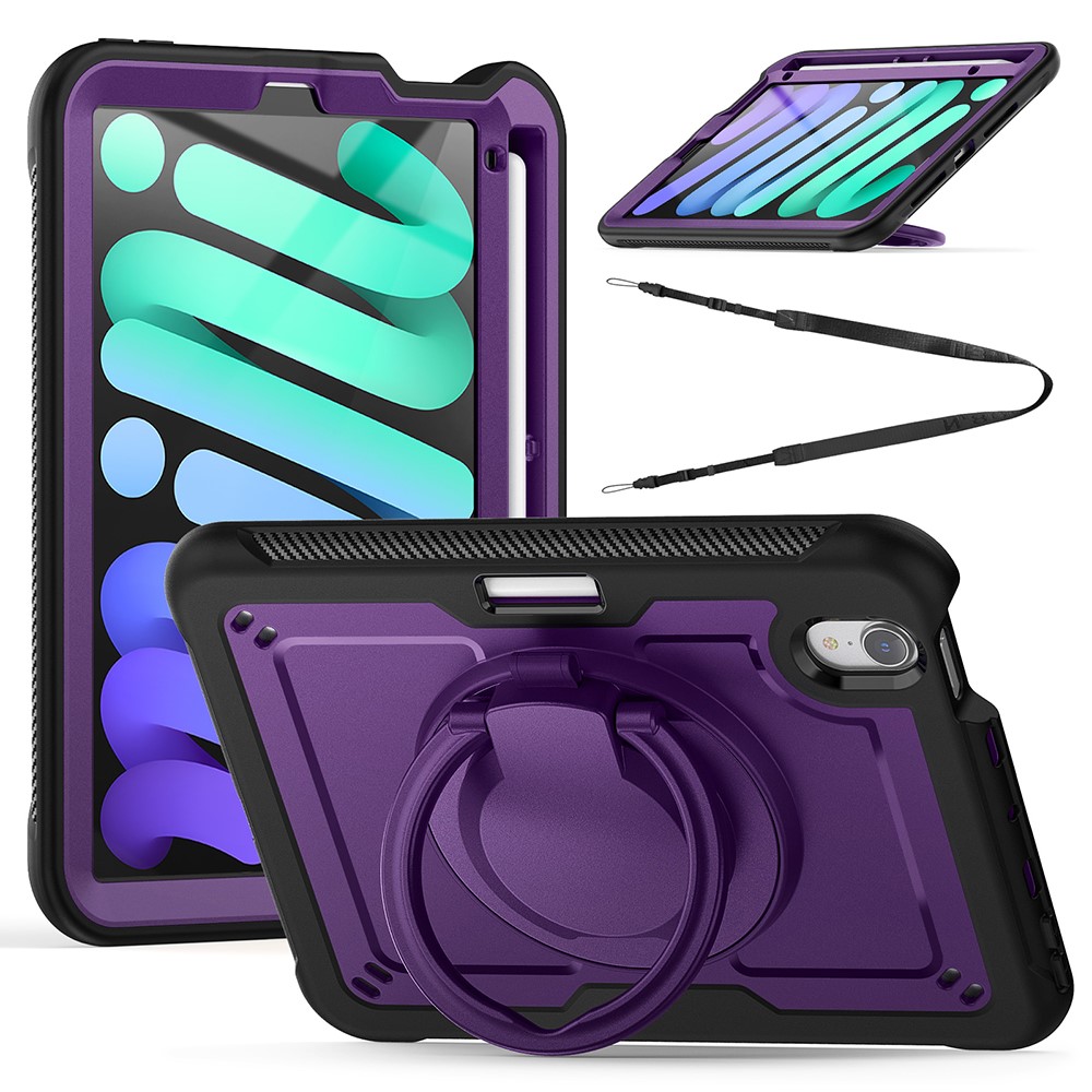 For iPad mini (2024)  /  (2021) Case Rotating Kickstand PC + TPU Shockproof Tablet Cover with Shoulder Strap - Purple