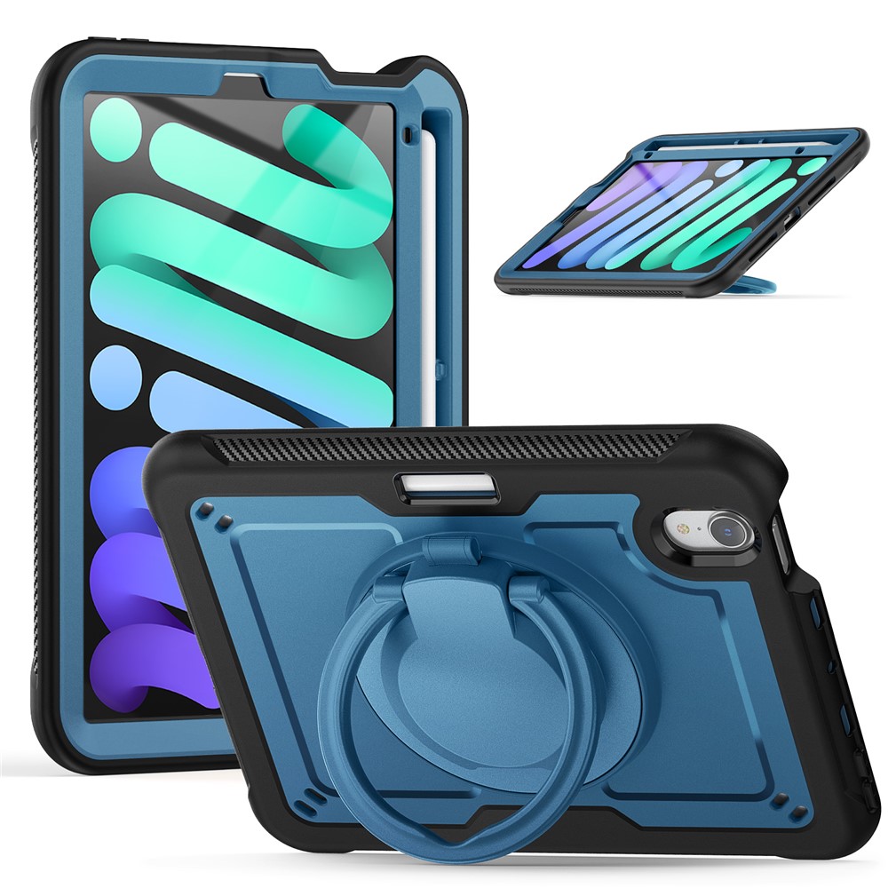 For iPad mini (2024)  /  (2021) Case Rotating Kickstand PC + TPU Shockproof Tablet Cover - Navy Blue