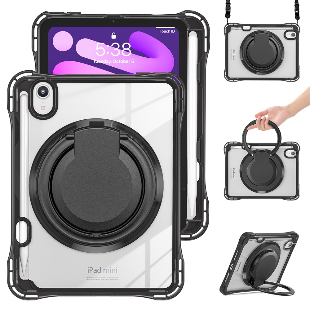 For iPad mini (2024) / (2021) Case with Shoulder Strap Kickstand PC TPU Acrylic Tablet Cover - Black