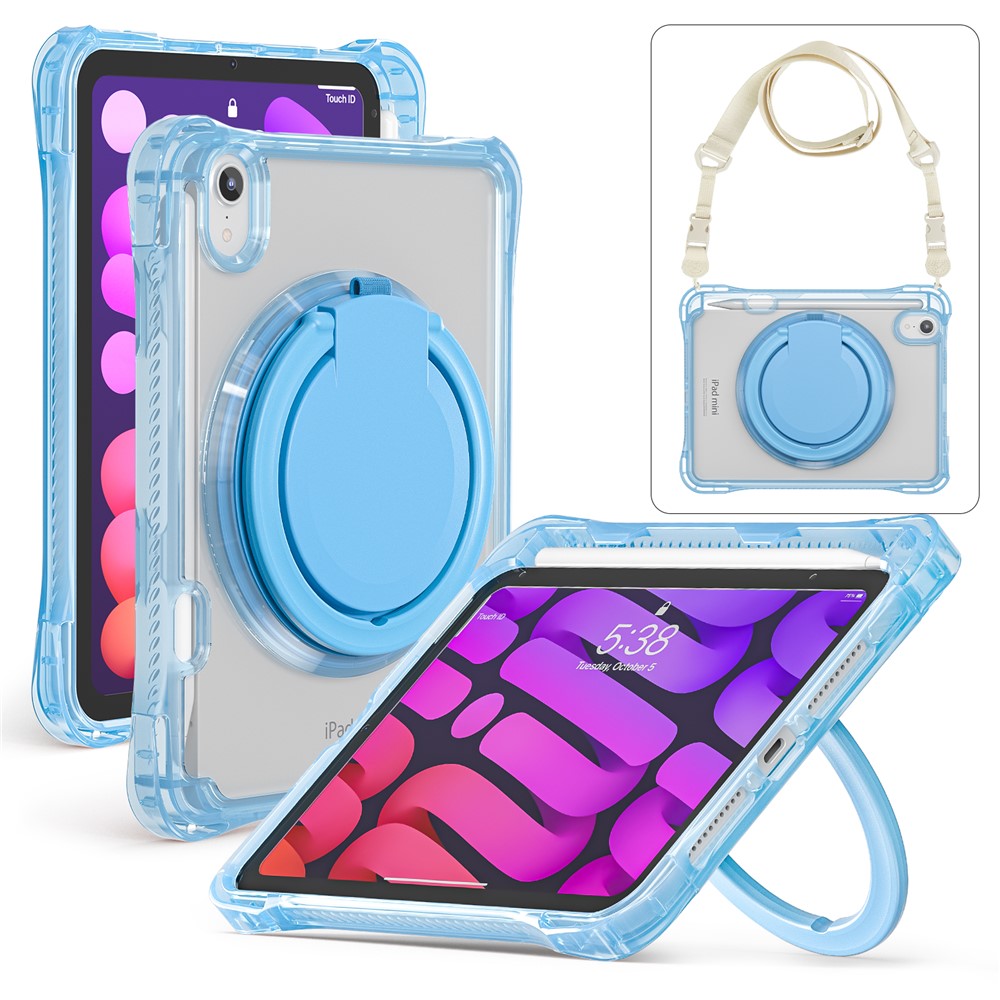 For iPad mini (2024) / (2021) Case with Shoulder Strap Kickstand PC TPU Acrylic Tablet Cover - Baby Blue
