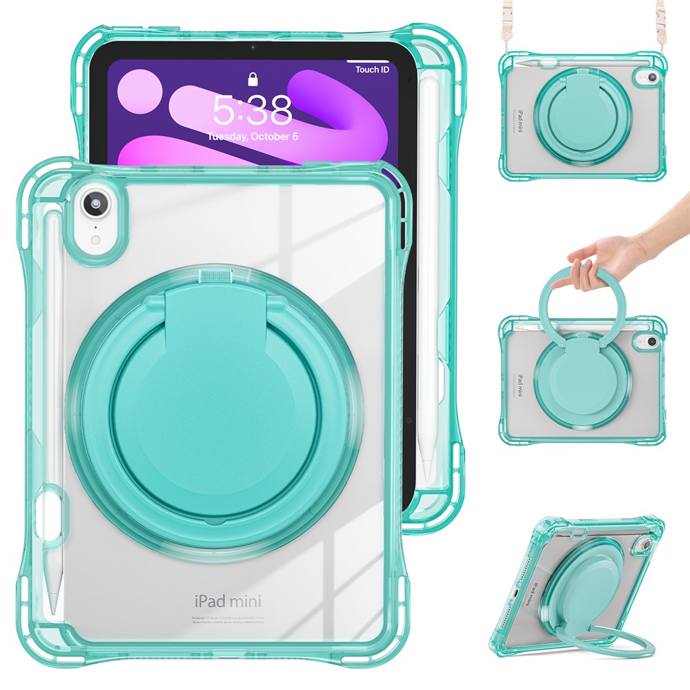 For iPad mini (2024) / (2021) Case with Shoulder Strap Kickstand PC TPU Acrylic Tablet Cover - Light Green