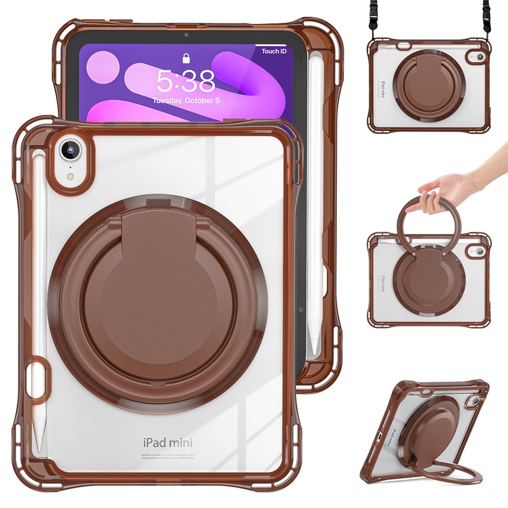 For iPad mini (2024) / (2021) Case with Shoulder Strap Kickstand PC TPU Acrylic Tablet Cover - Chocolate Color