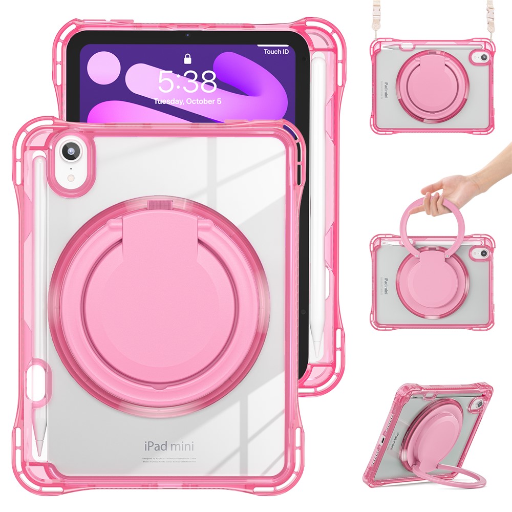 For iPad mini (2024) / (2021) Case with Shoulder Strap Kickstand PC TPU Acrylic Tablet Cover - Rose