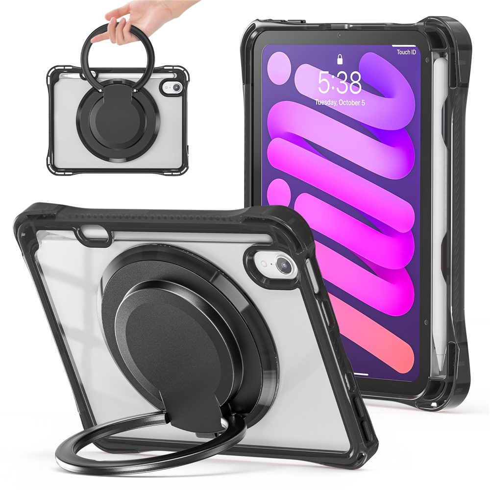 For iPad mini (2024) / mini (2021) Case Rotary Kickstand PC TPU Acrylic Tablet Cover - Black