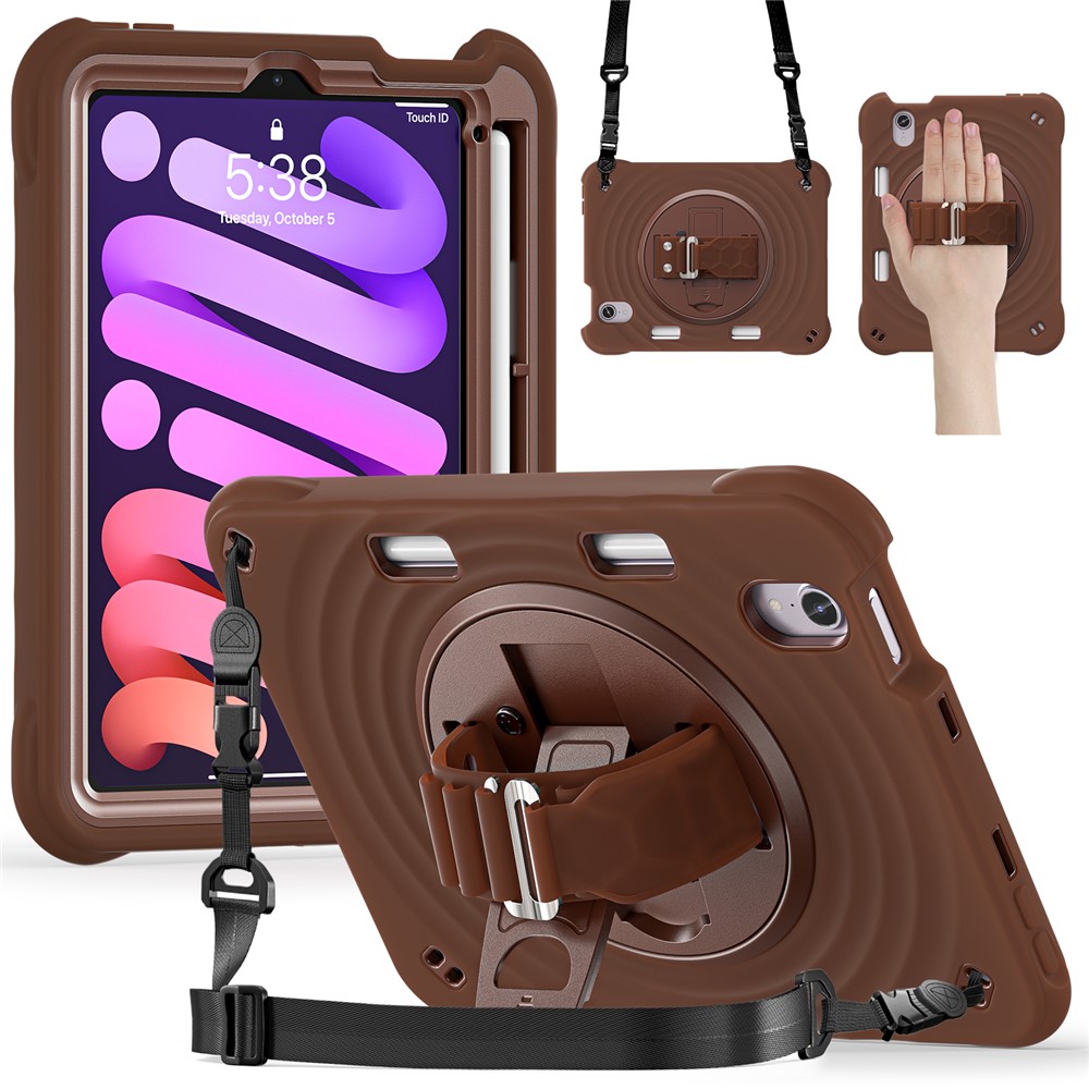 For iPad mini (2024) / (2021) Case with Shoulder Strap Kickstand PC + Silicone + TPU Tablet Cover - Chocolate