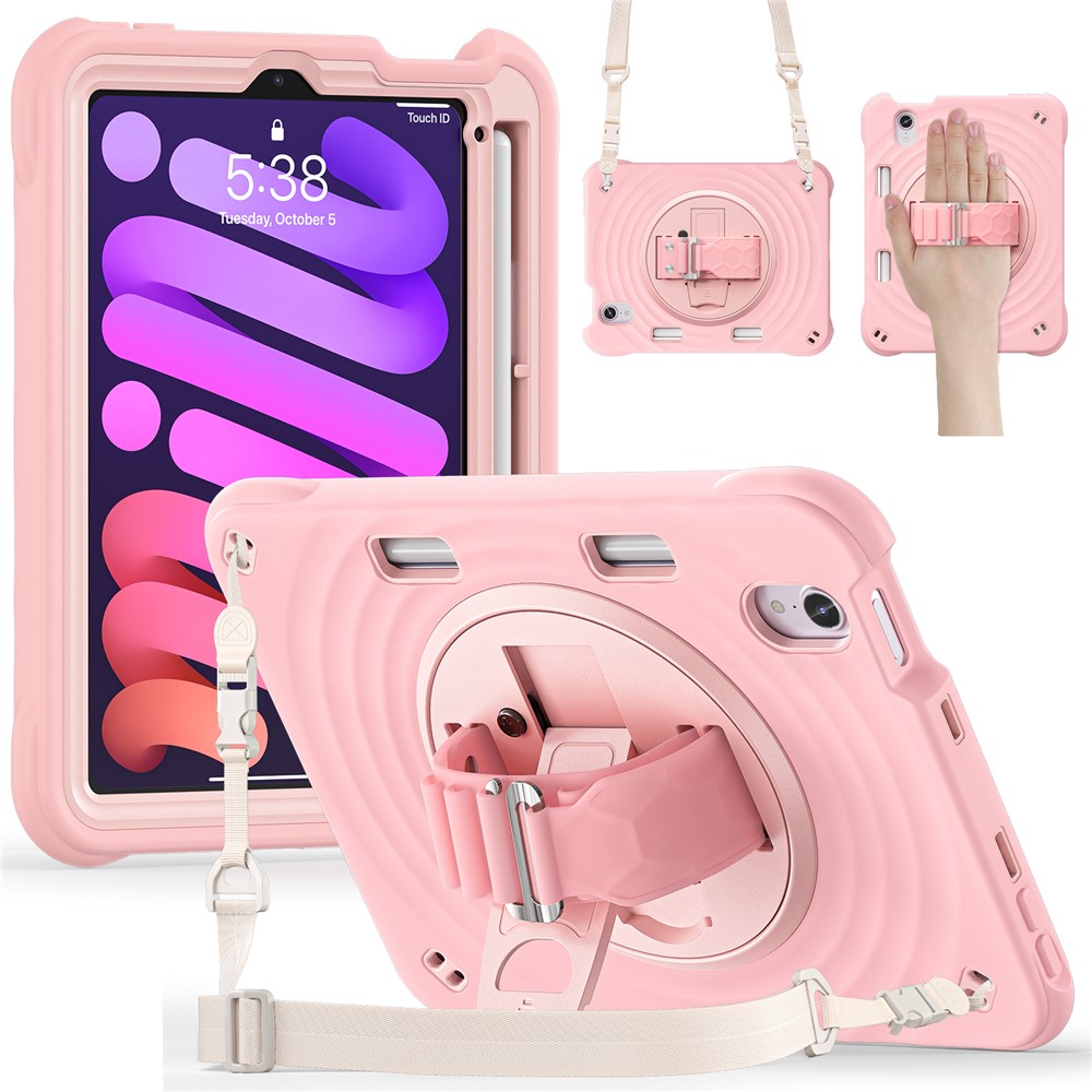 For iPad mini (2024) / (2021) Case with Shoulder Strap Kickstand PC + Silicone + TPU Tablet Cover - Pink