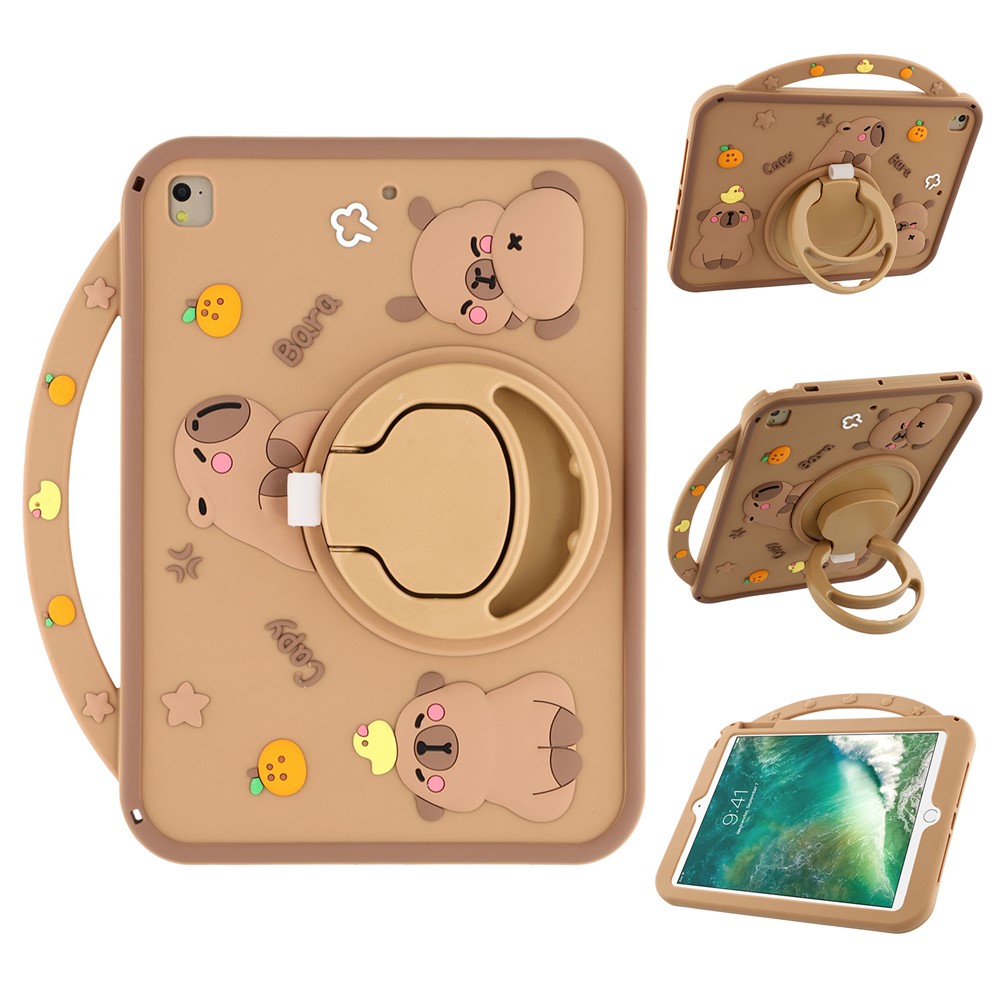For iPad 9.7-inch (2018) / (2017) Silicone Case with Handle 360 Degree Rotating Kickstand Protective Cover Capybara Pattern