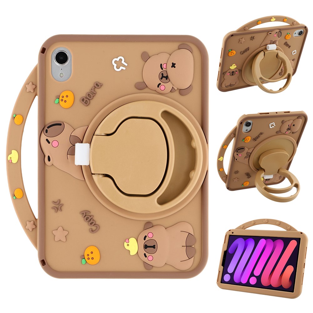 For iPad mini (2024) / (2021) Silicone Case with Handle 360 Degree Rotating Kickstand Protective Cover Capybara Pattern