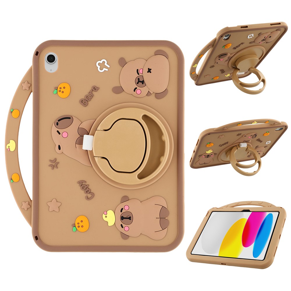 For iPad (2025) / 10.9 (2022) Silicone Case with Handle 360 Degree Rotating Kickstand Protective Cover Capybara Pattern