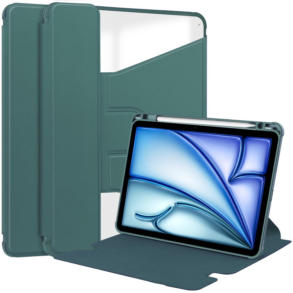 For iPad Air 11 (2025) / (2024) Case 360° Rotary Stand PU Leather + Acrylic Tablet Cover (Without Keyboard) - Blackish Green