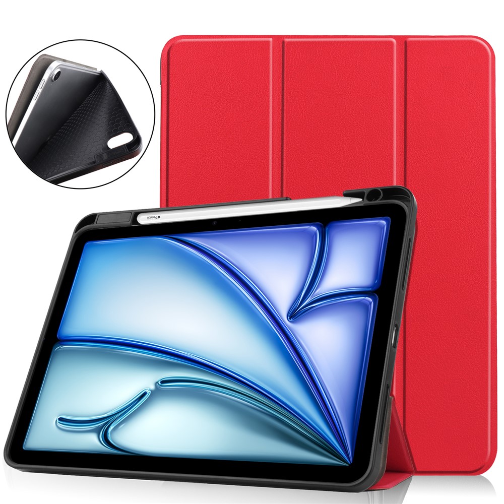 For iPad Air 11 (2025) / (2024) Stand Case Shock-Absorbent Leather Tablet Cover with Pen Slot - Red