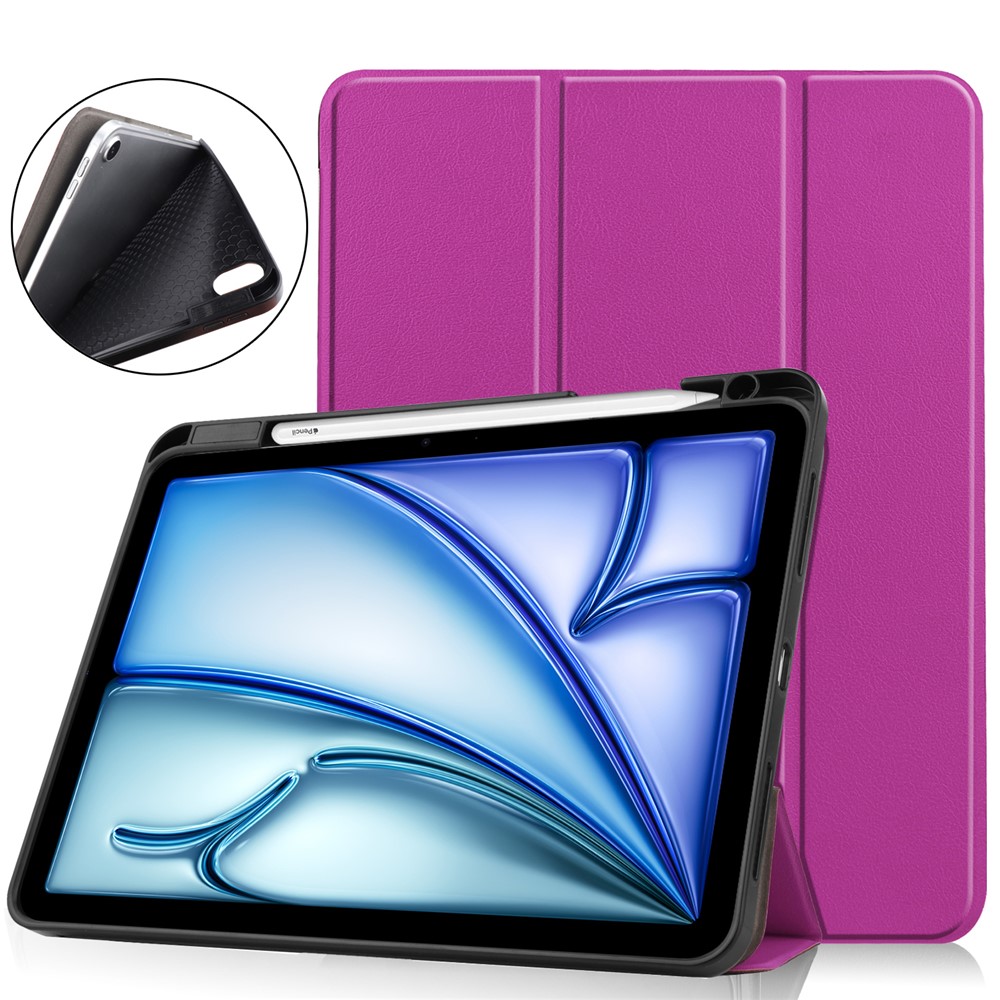 For iPad Air 11 (2025) / (2024) Stand Case Shock-Absorbent Leather Tablet Cover with Pen Slot - Purple