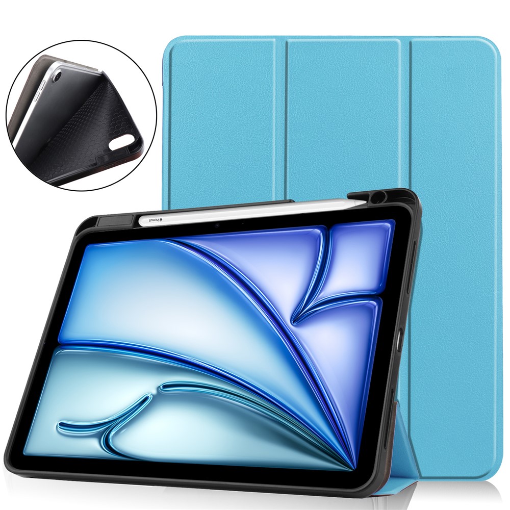 For iPad Air 11 (2025) / (2024) Stand Case Shock-Absorbent Leather Tablet Cover with Pen Slot - Sky Blue