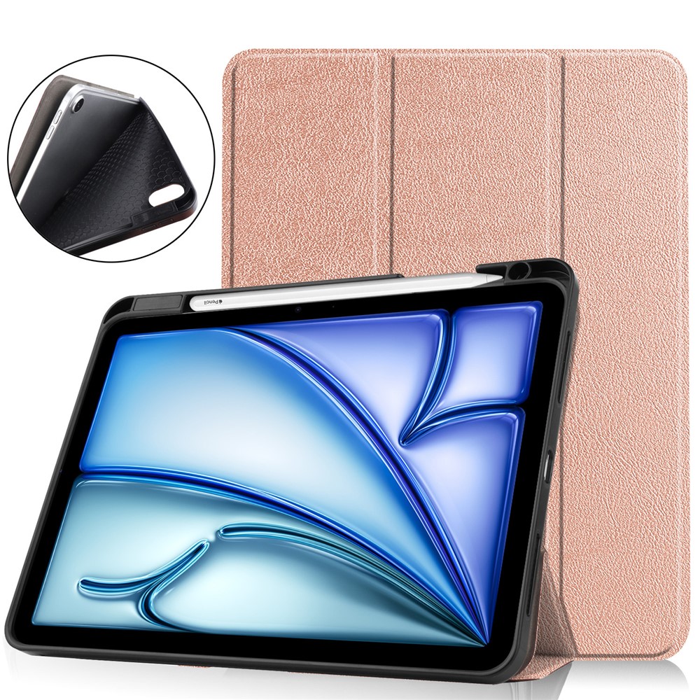 For iPad Air 11 (2025) / (2024) Stand Case Shock-Absorbent Leather Tablet Cover with Pen Slot - Rose Gold