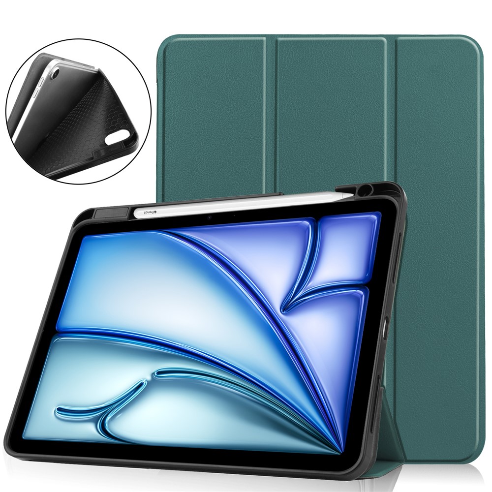 For iPad Air 11 (2025) / (2024) Stand Case Shock-Absorbent Leather Tablet Cover with Pen Slot - Blackish Green