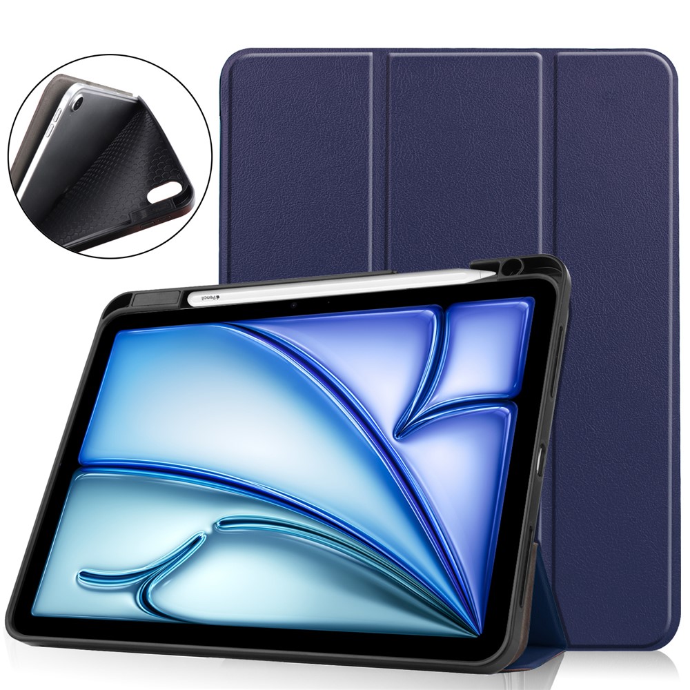For iPad Air 11 (2025) / (2024) Stand Case Shock-Absorbent Leather Tablet Cover with Pen Slot - Dark Blue
