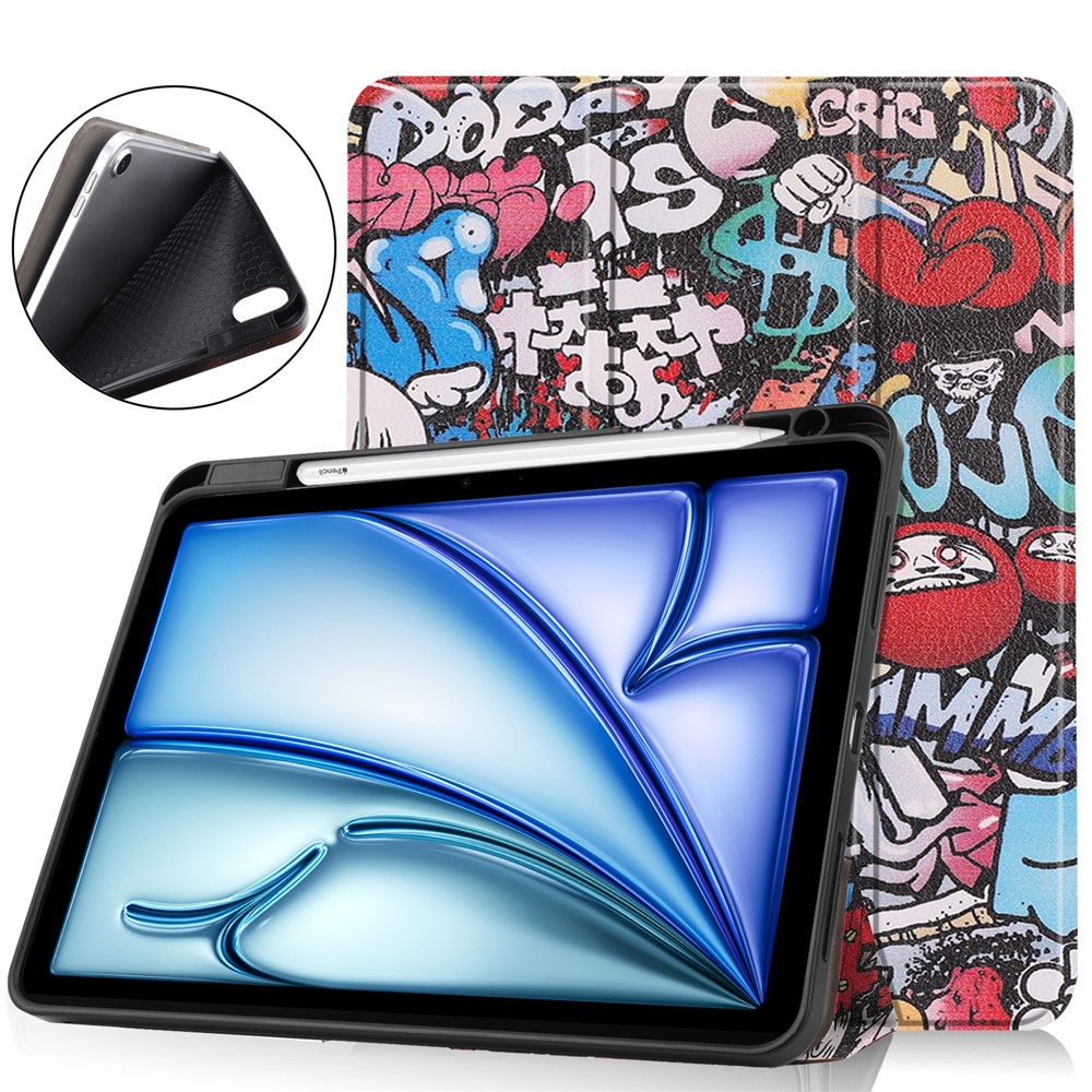 For iPad Air 11 (2025) / (2024) Tablet Case Pattern Printing Tri-Fold Stand Leather + TPU Cover with Pen Holder - Graffiti