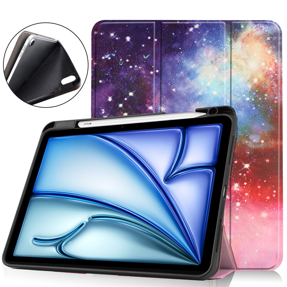 For iPad Air 11 (2025) / (2024) Tablet Case Pattern Printing Tri-Fold Stand Leather + TPU Cover with Pen Holder - Galaxy