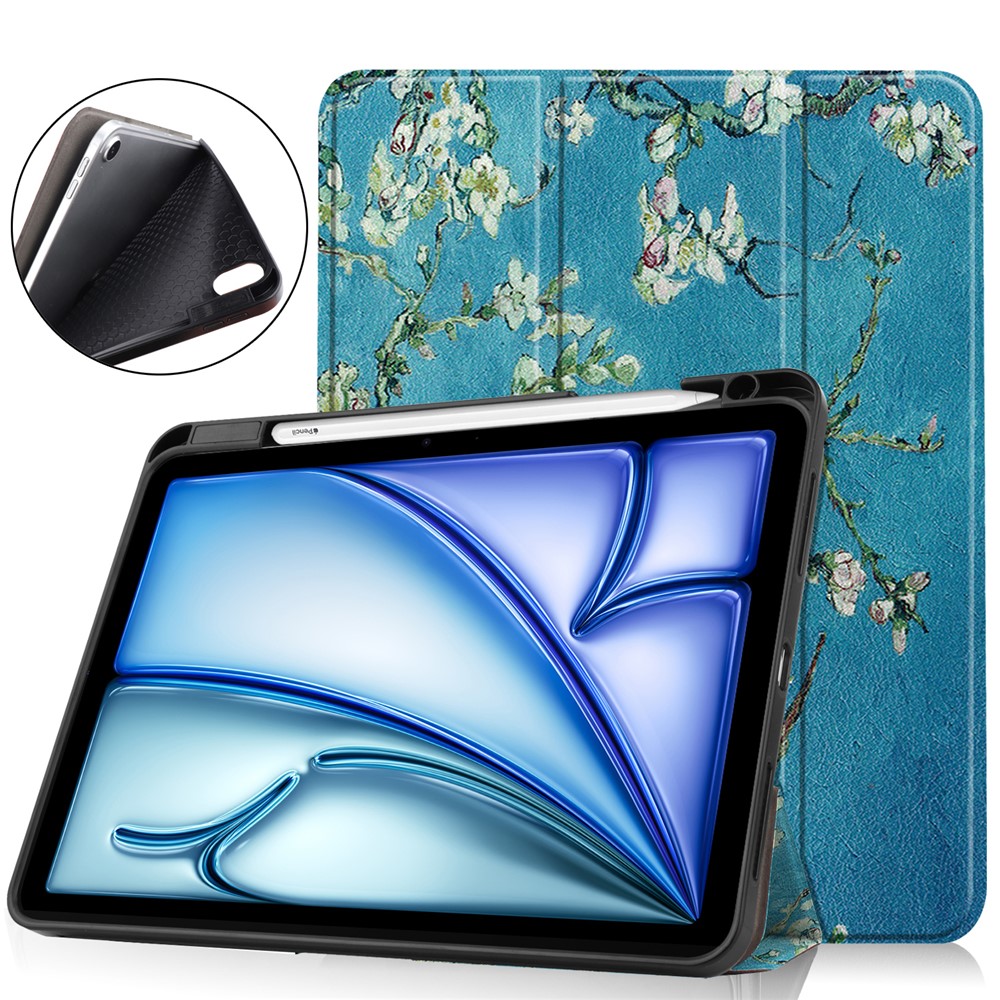 For iPad Air 11 (2025) / (2024) Tablet Case Pattern Printing Tri-Fold Stand Leather + TPU Cover with Pen Holder - Apricot Blossom