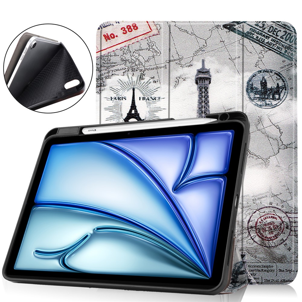 For iPad Air 11 (2025) / (2024) Tablet Case Pattern Printing Tri-Fold Stand Leather + TPU Cover with Pen Holder - Vintage Tower