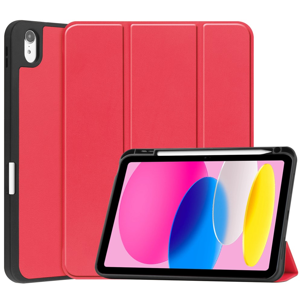 For iPad (2025) / 10.9 (2022) Stand Case Shock-Absorbent Leather Tablet Cover with Pen Slot - Red
