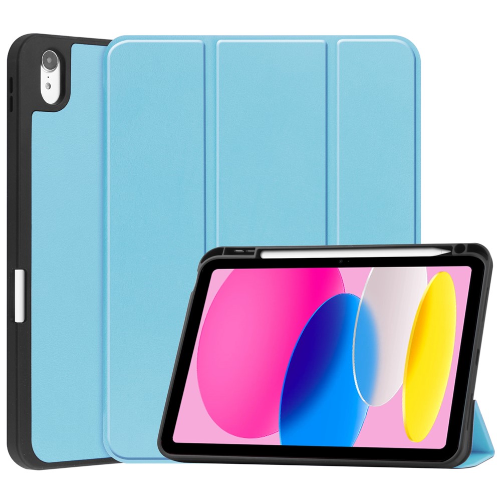 For iPad (2025) / 10.9 (2022) Stand Case Shock-Absorbent Leather Tablet Cover with Pen Slot - Sky Blue