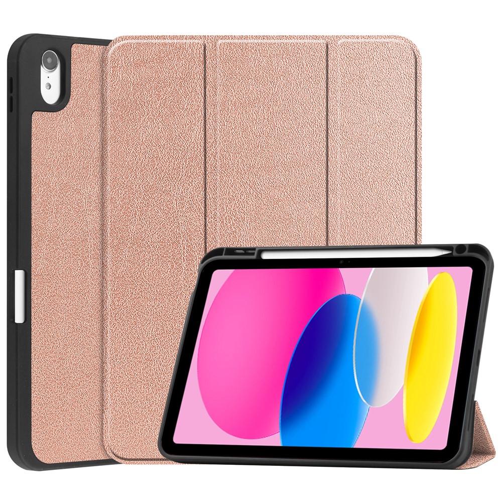 For iPad (2025) / 10.9 (2022) Stand Case Shock-Absorbent Leather Tablet Cover with Pen Slot - Rose Gold