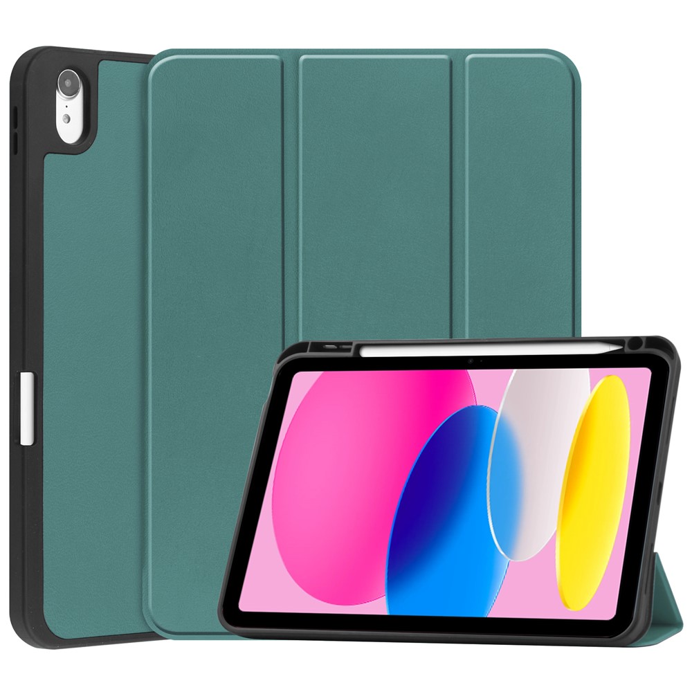 For iPad (2025) / 10.9 (2022) Stand Case Shock-Absorbent Leather Tablet Cover with Pen Slot - Blackish Green