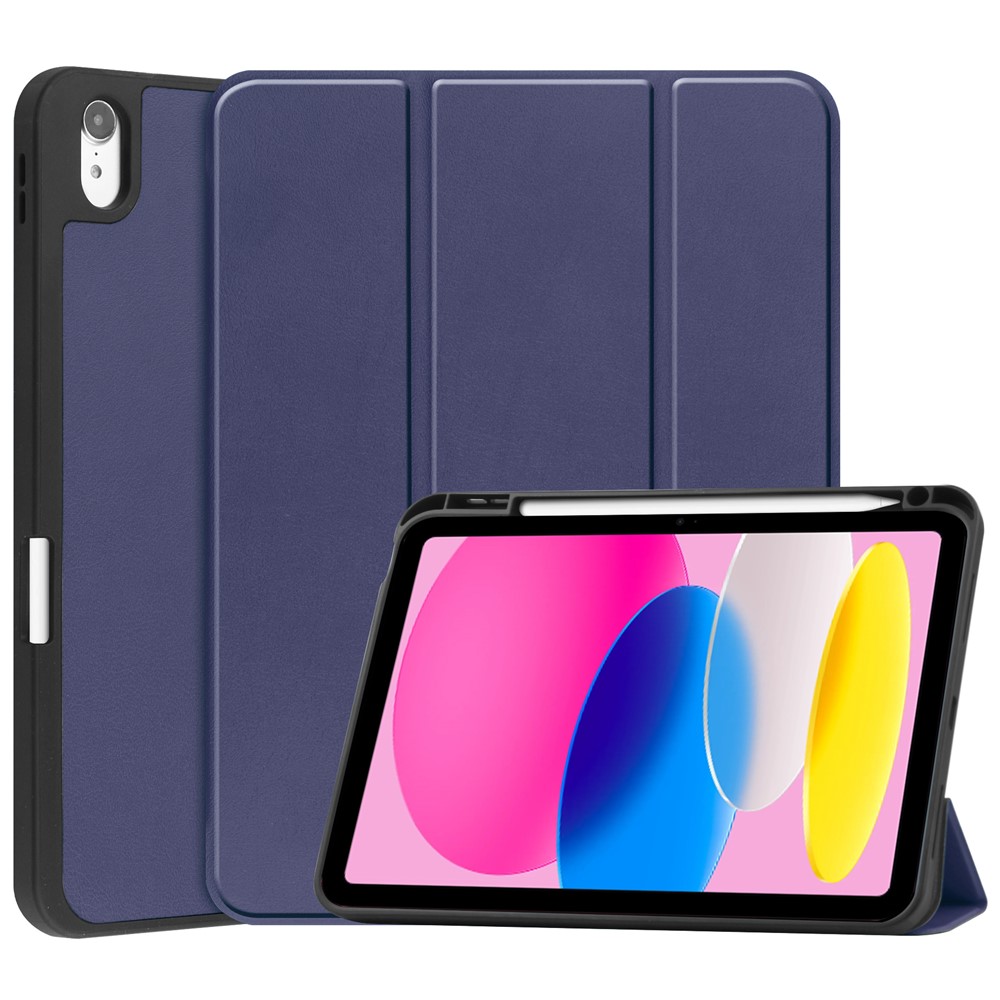 For iPad (2025) / 10.9 (2022) Stand Case Shock-Absorbent Leather Tablet Cover with Pen Slot - Dark Blue