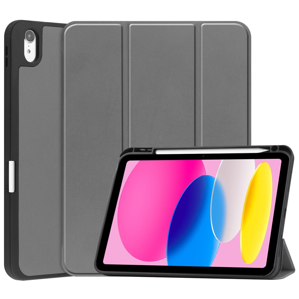 For iPad (2025) / 10.9 (2022) Stand Case Shock-Absorbent Leather Tablet Cover with Pen Slot - Grey