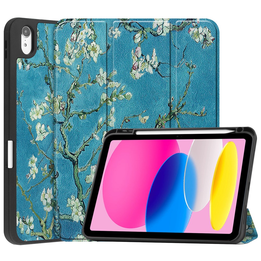 For iPad (2025) / 10.9 (2022) Tablet Case Pattern Printing Tri-Fold Stand Leather + TPU Cover with Pen Holder - Apricot Blossom